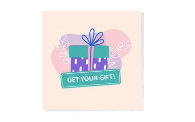 Eye-catching gift box illustration with call to action button. Great for promotions, bonuses, and festive themes