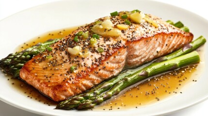 A salmon fillet with asparagus and sauce on a white plate.