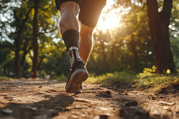 Amputee runner jogging in a forest at sunset
