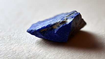Naklejka premium Polished lapis lazuli displaying vibrant blue hue and golden pyrite flecks, positioned on white textured surface, revealing gemstone's natural luminous qualities