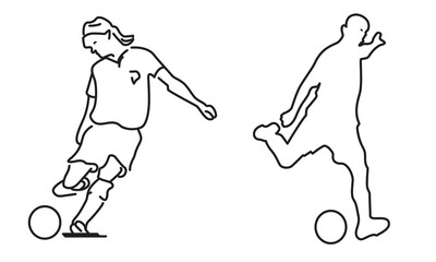Dynamic Line Art Illustration of Two Soccer Players in Action, Kicking Balls on a White Background for Sports and Design Projects