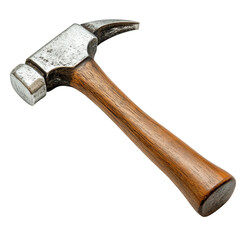 Hammer resting on a white surface with a wooden handle and shiny metal head, cutout isolated on transparent bg, png
