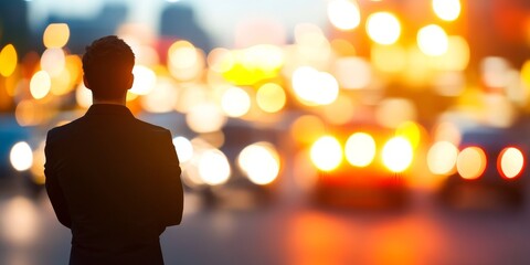 Silhouette of a businessman standing against blurred city lights at night, urban background