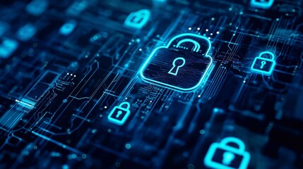 Digital background with circuit-style lines and glowing lock, data visuals symbolize secure access, data protection shown with cyber symbols, great for encryption-related content and online safety