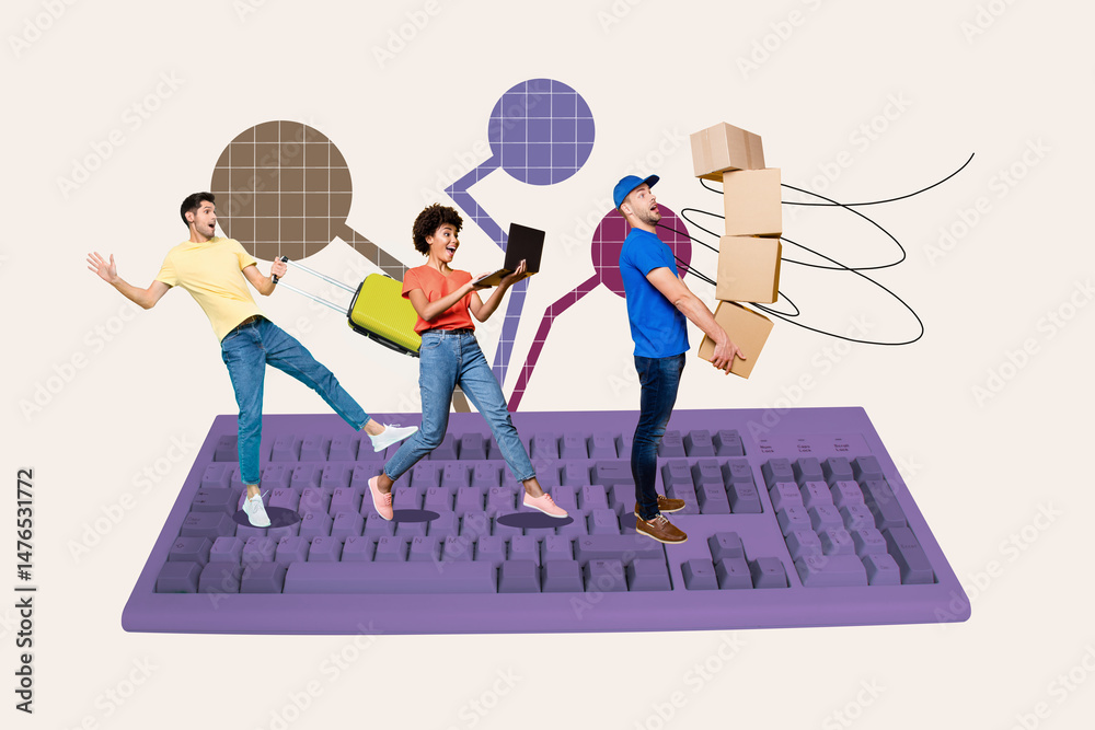 Poster 3d image sketch art full zine photo collage of happy girl guy stand keypad bubble communication chat