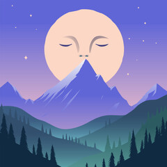 Surreal Moon with Face over Mountains – Minimal Flat Vector Illustration