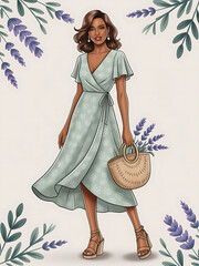 Illustration of a woman in a light green dress holding a straw bag with lavender.