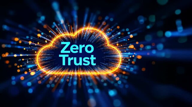 Cloud marked zero trust surrounded by bright data streams shows modern cyber safety, symbolizing zero trust security, privacy, and secure online networks