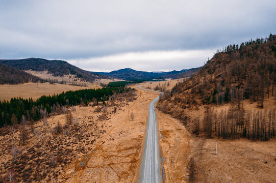 Fototapeta Scenic autumn road in Altai Siberia amid rolling hills and forested landscapes