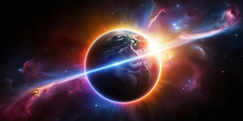 Obraz premium Earth Illuminated by Burst of Light Among Colorful Nebulas