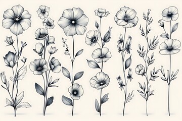 Obraz premium Set of botanical flower ink drawings high resolution picture
