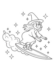 Fototapeta premium Cute Spooky Halloween Coloring Pages for Kids – Witches, Cats, Ghosts, and Potions – Fun and Easy Line Art Coloring Pages.