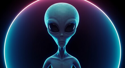 Alien Portrait with Large Eyes and Neon Circle Background