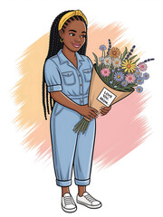 Smiling Black woman in denim jumpsuit holds a flower bouquet with love you mom note.
