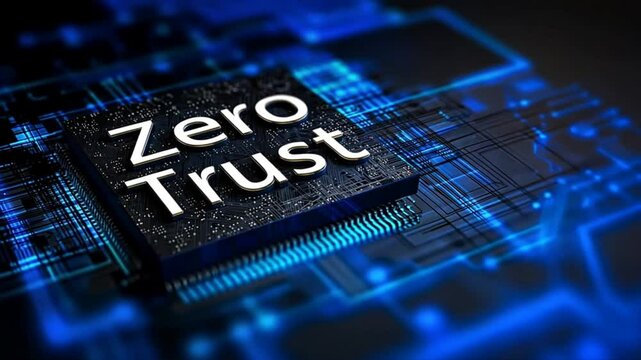 Zero trust text placed on ai chip with cyber background shows tech defense concept tied to zero trust security, privacy, and secure digital layers