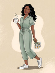 Smiling African American woman with flowers and Best Mom mug in a warm, inviting light.