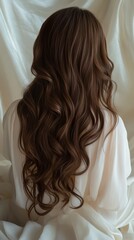 Beautiful model girl with Brown hair strand,silky healthy chestnut wavy hair strand,hair wavy ribbon, with smooth,Keratin straightening,Treatment,straight long hair,procedures,Smooth hairstyle.
