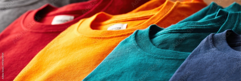 Aufkleber Folded Vibrant T-Shirts in Various Colors Displayed on a Table With Side Margin Open for Visibility of Fabric and Stitching Details