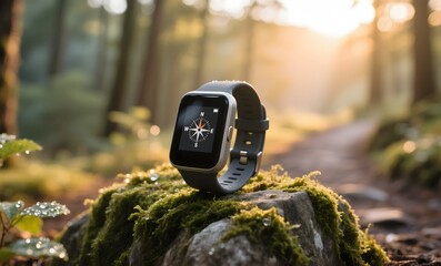 Fitness Tracker with Compass Display on Mossy Rock in Golden Hour Forest Hiking Adventure