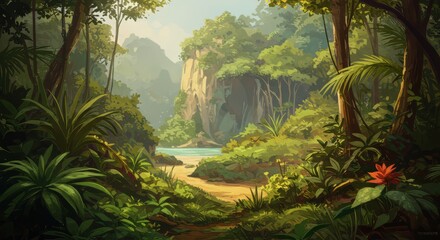 Fototapeta premium Lush Jungle Path Leading to Tranquil River Scene