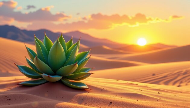 Desert Sunset Landscape with Green Cactus Plant
