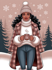 Woman in winter clothes holds steaming mug with snowflake in snowy forest scene.