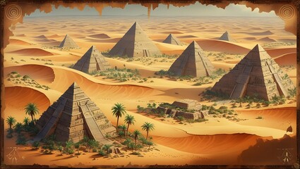 Majestic historical landscape blending grand pyramids with serene natural elements