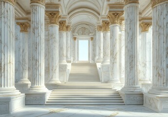 Obraz premium Grand Marble Hall with Ornate Columns and Staircase Leading to Sunlight
