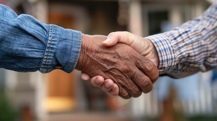 A CSR volunteer shaking hands with a senior citizen at a community outreach event.