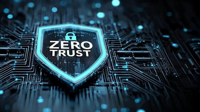 Shield with lock and zero trust text over circuit board reflects tech based zero trust security, privacy enforcement, and secure access layer
