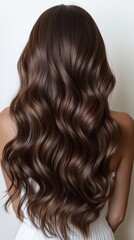 Naklejka premium Beautiful model girl with Brown hair strand,silky healthy chestnut wavy hair strand,hair wavy ribbon, with smooth,Keratin straightening,Treatment,straight long hair,procedures,Smooth hairstyle.