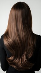 Naklejka premium Beautiful model girl with Brown hair strand,silky healthy chestnut wavy hair strand,hair wavy ribbon, with smooth,Keratin straightening,Treatment,straight long hair,procedures,Smooth hairstyle.