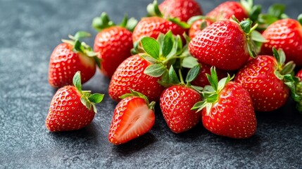 Obraz premium Freshly Picked Strawberries, Bright Red and Vibrant, Isolated on a Dark, Textured Background