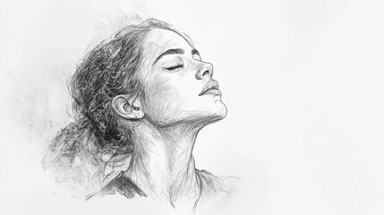 Grayscale sportswear sketch on female model side view,white studio backdrop,technical drawing style,space for text.