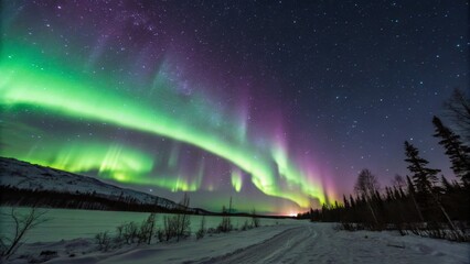 Aurora Borealis Arch over Snowy Landscape Night Sky, Stars, Green and Purple Lights, Winter Scene, Alaska Aurora, Northern Lights