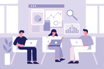 Business Team Analyzing Data with Laptops Vector Illustration