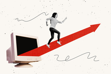 Trendy poster art photo collage of happy businesswoman girl run pc monitor freelancer development career progress goal chance