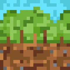 pixel art landscape - earth, trees, sky. nature scene for concept game from square blocks