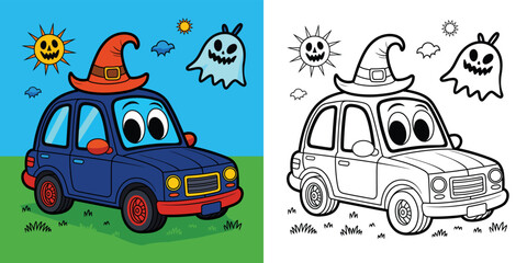 Cute Halloween Cartoon Car with Witch Hat and Ghosts – Coloring Page & Colored Version   © AuroraApex601