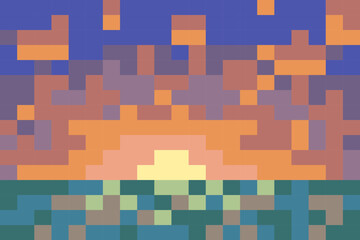 pixel art sunrise or sunset - sun, sky and sea. seascape or lake scene for concept game made of square blocks