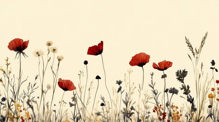 Naklejka premium Watercolor Meadow A Serene Wildflower Landscape with Red Poppies on a Soft, Peach-Hued Background.