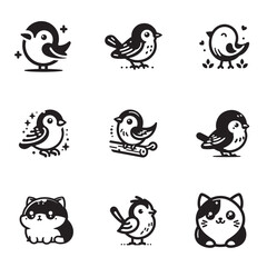set of funny animals birds cartoon clipart vector silhouette icon set design illustrations