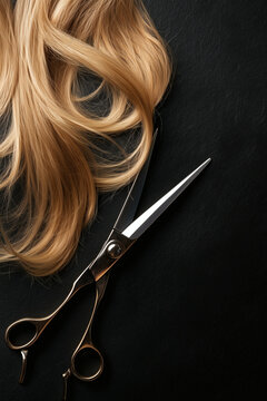 Sleek pristine scissors with blonde hair isolated