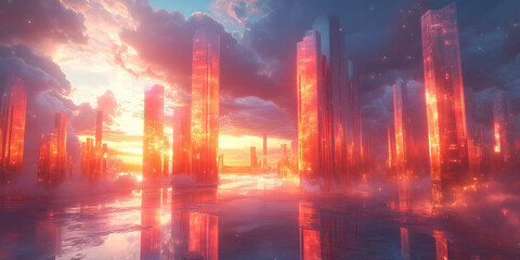 Fototapeta premium Conceptual scene of a metaverse hub, with glowing, abstract architecture, multiple portals leading to diverse worlds