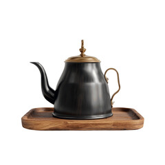 Fototapeta premium Elegant Dark Wood Tea Kettle on Wooden Tray, Green Screen