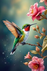 Fototapeta premium Vibrant Hummingbird with Pink Flowers Artistic Illustration