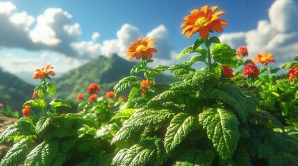 nature conservation, world environment day concept. Vibrant flowers against a scenic mountain backdrop under a blue sky.