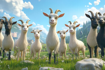 Group of cheerful goats standing in a lush green meadow with mountains in the background
