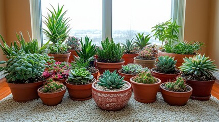 Fototapeta premium Potted succulents stand beautifully against the window light