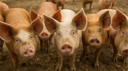 A group of pigs are standing in a dirt field. They are all brown and white